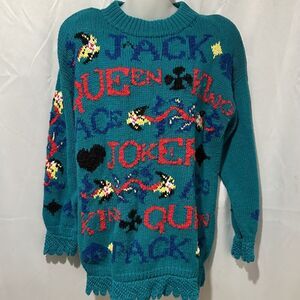 Teal Vegas Sweater Hand Knit Cotton Crochet Cuff Queen King Jack Joker Gambler
